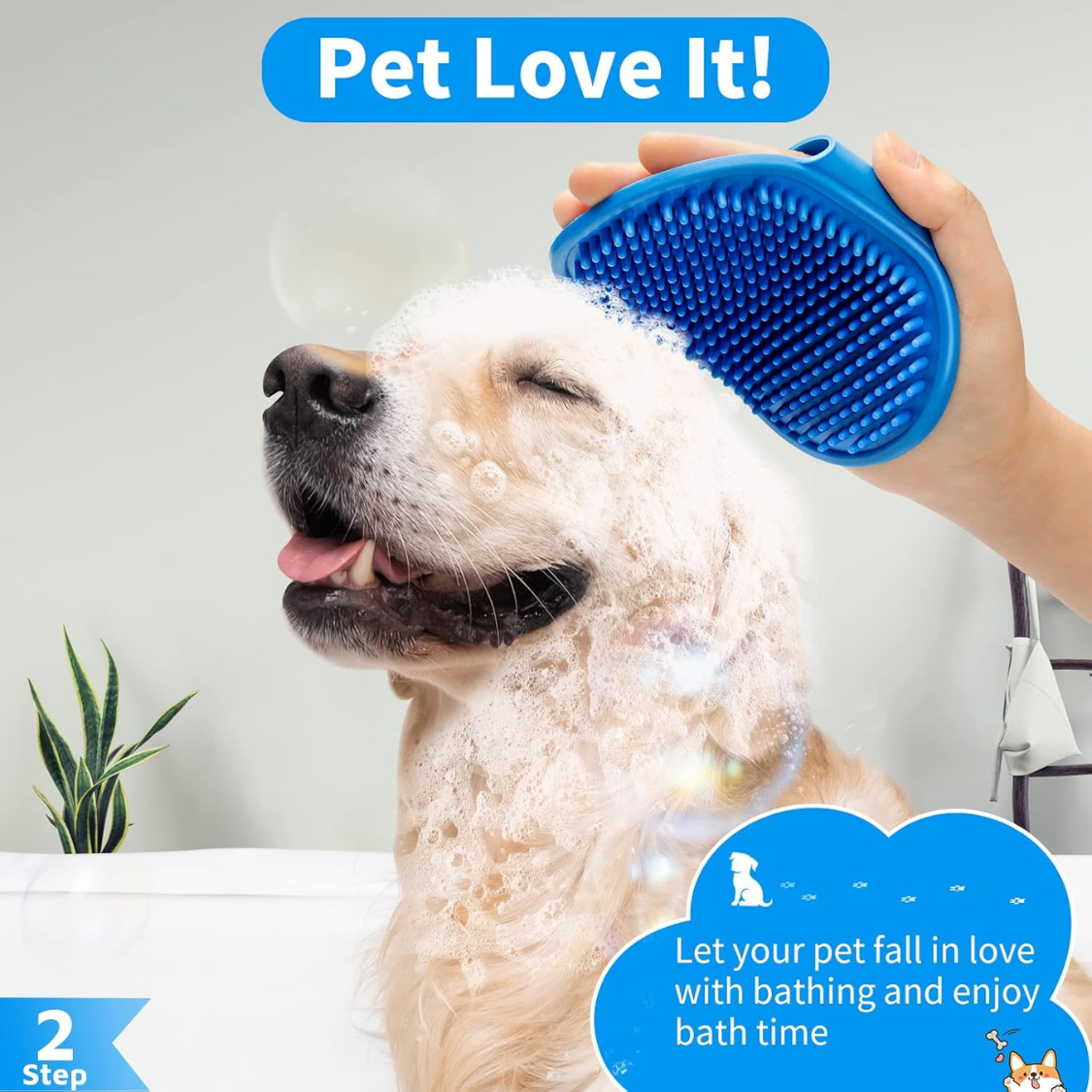 Dog Bath Brush Set with Adjustable Handle & Shampoo Dispenser - Short & Long Hair Pets