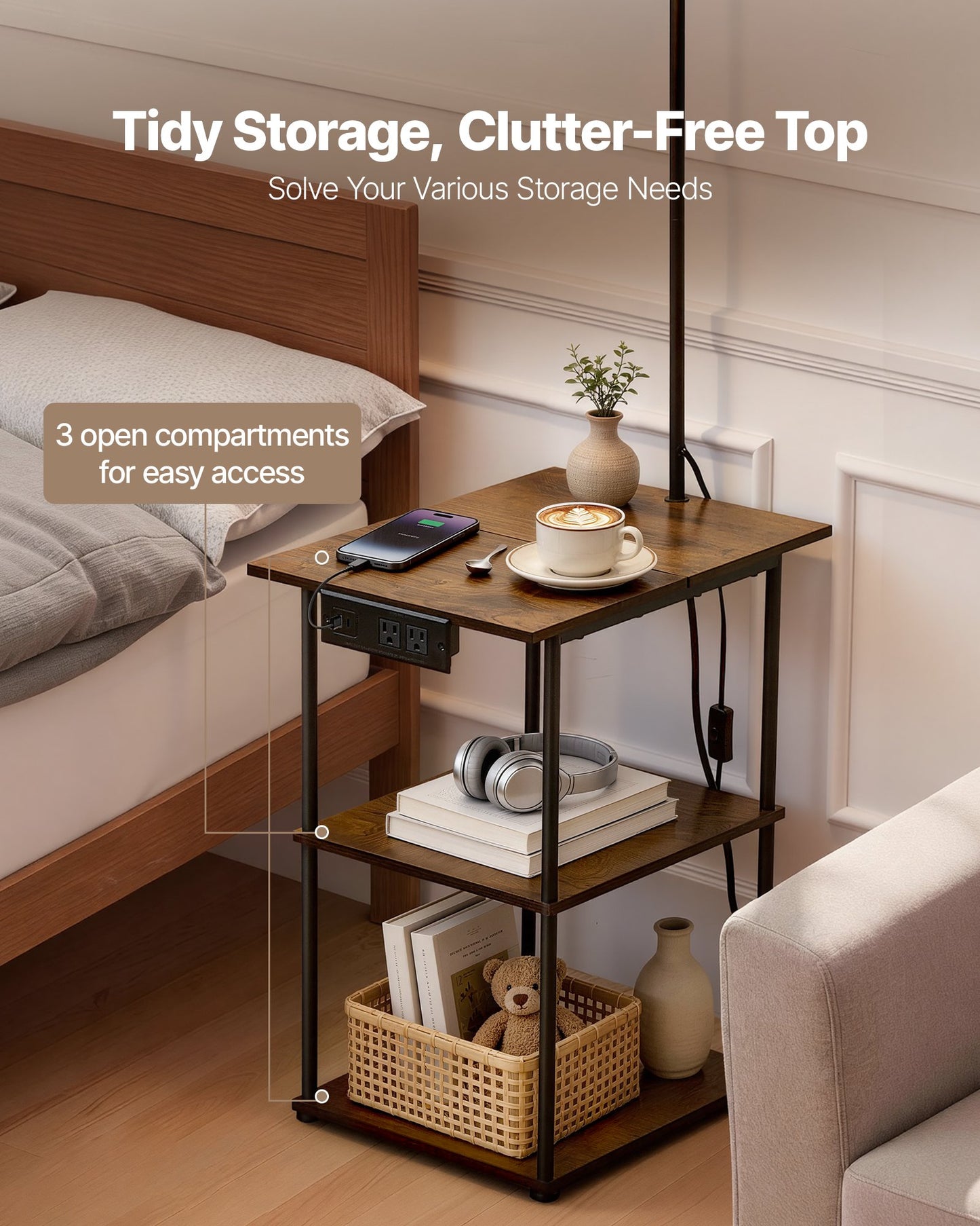 Narrow Floor Lamp with Table and USB Charging, 3 Color Temp End Table Nightstand