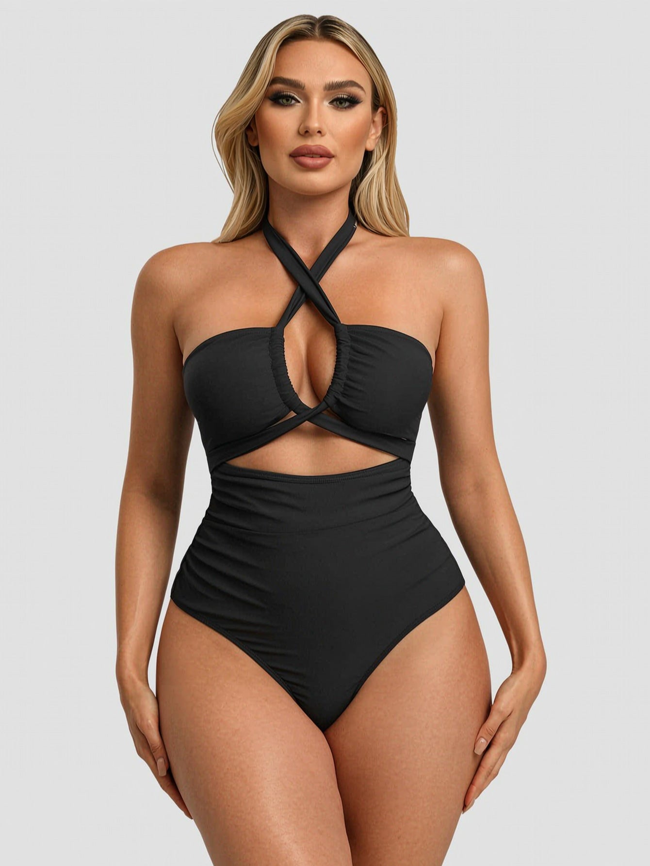 Women's Crisscross Halter Cutout One-Piece Swimsuit - Tummy Control