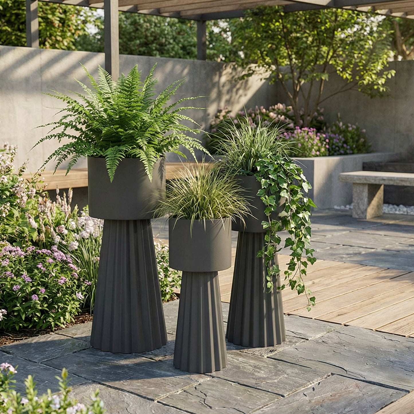 3pcs Metal Plant Pots With Stand Indoor Outdoor Tall Flower 9.1in