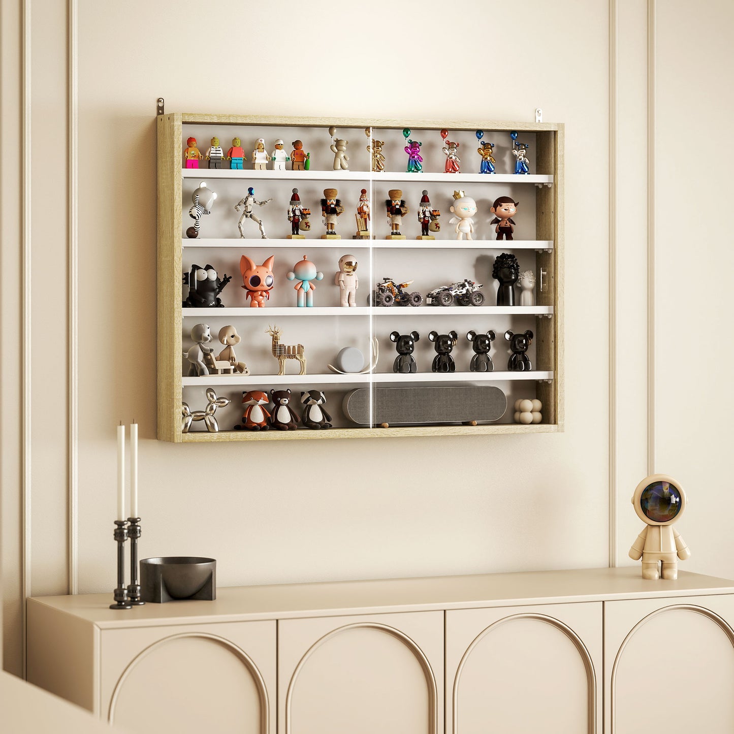 Wall-Mounted Display Cabinet with Glass Doors & Adjustable Shelves - Oak