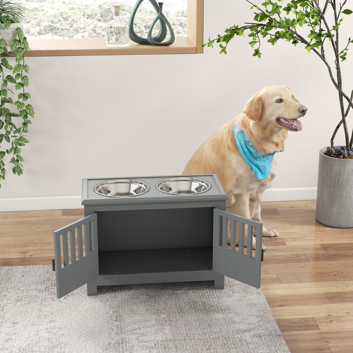 Dog Food Storage Cabinet with Bowls and Feeding Station - Gray