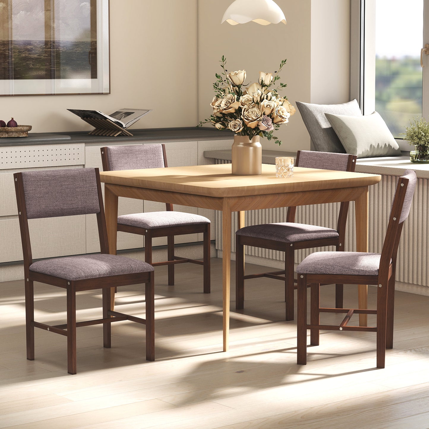 Modern Dining Chairs Set of 4, Linen Fabric Kitchen with Rubberwood