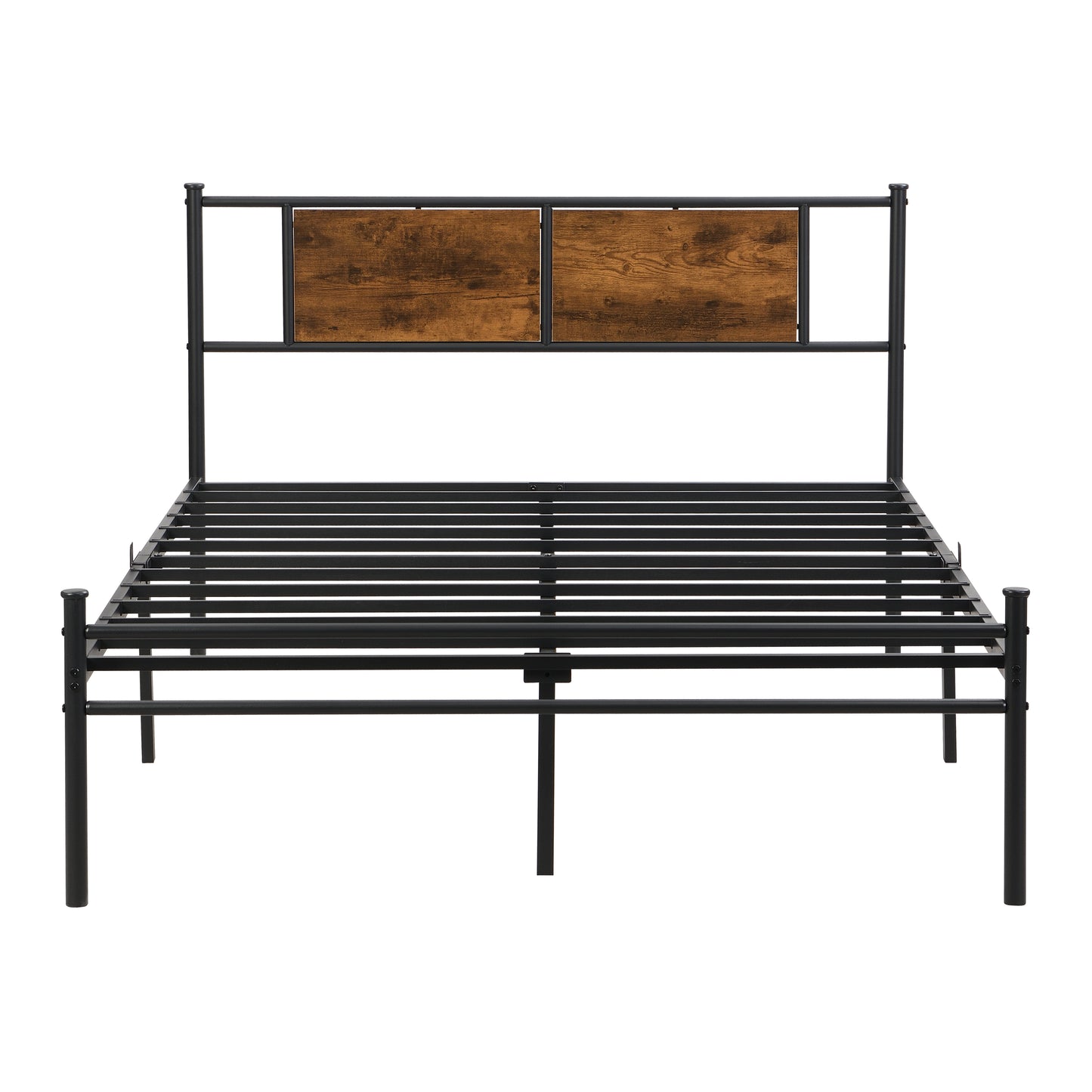 Queen Size Metal Bed Frame with Wood Panel Headboard - Black