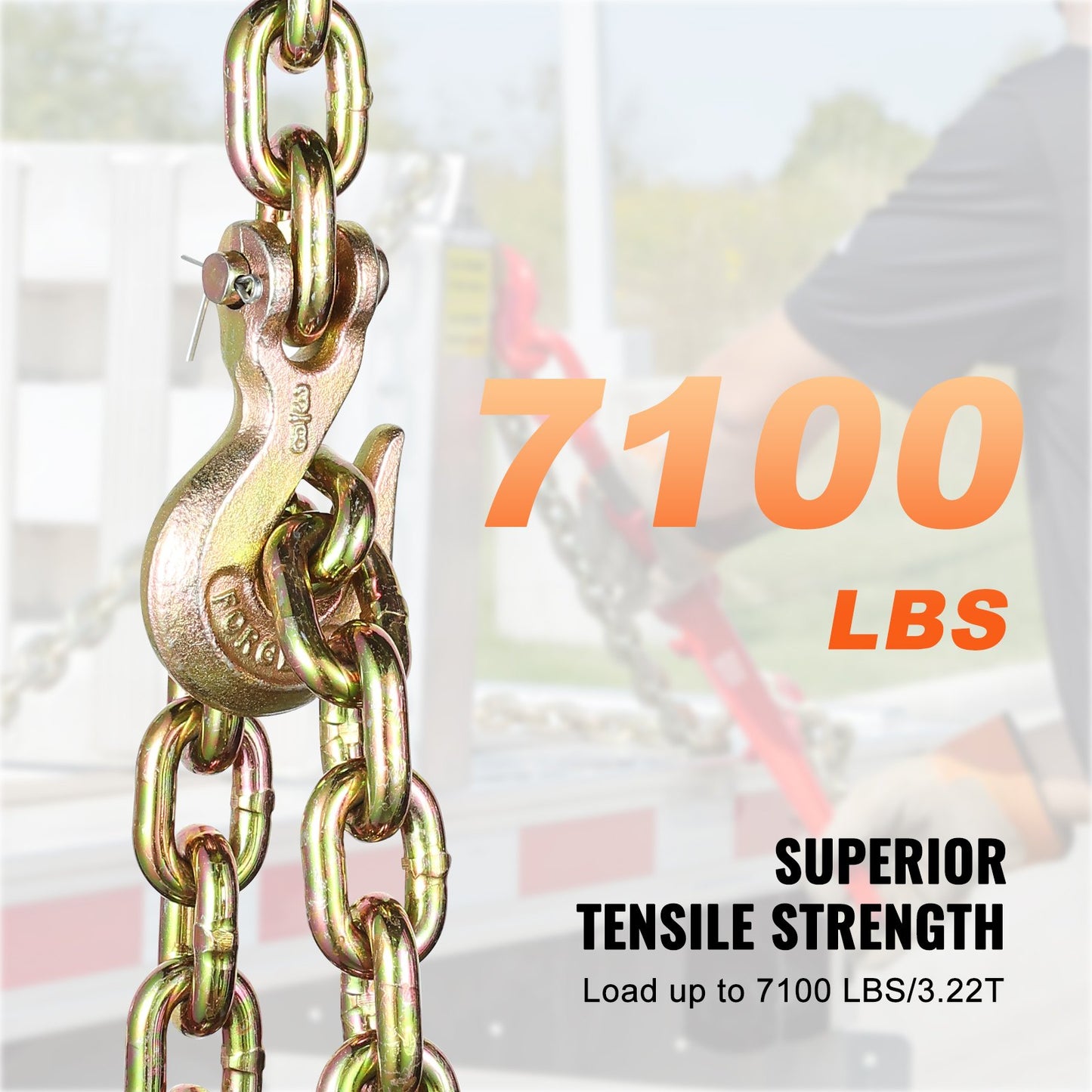 G80 Grade Tow Chain with Hooks - Heavy Duty Tie Down Chain 3/8 x 10.3 ft, 2 Pack, 7100 lbs Capacity