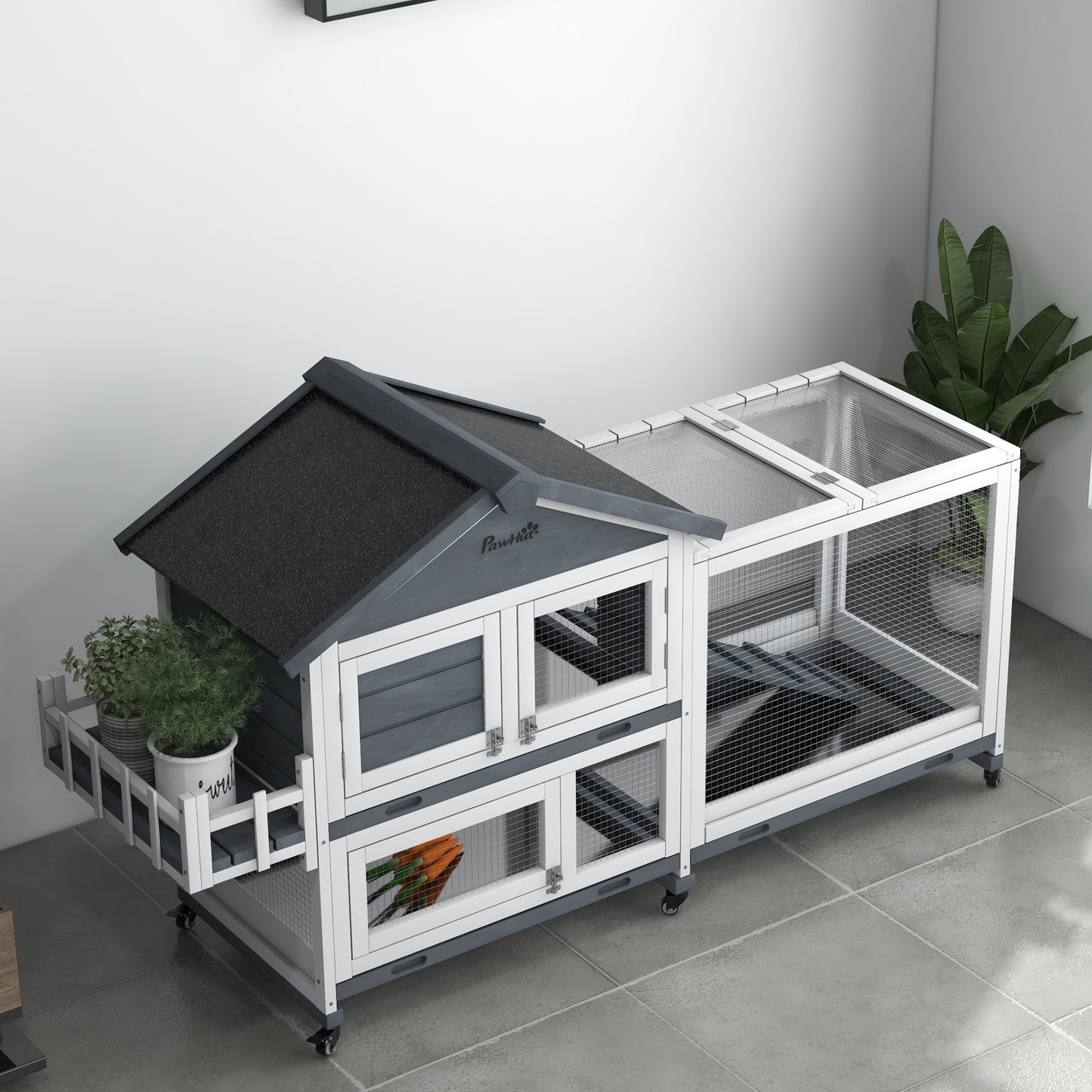Wooden Rabbit Hutch with Openable Roof & Storage - 65 Inch Pet House for Small Animals, Gray
