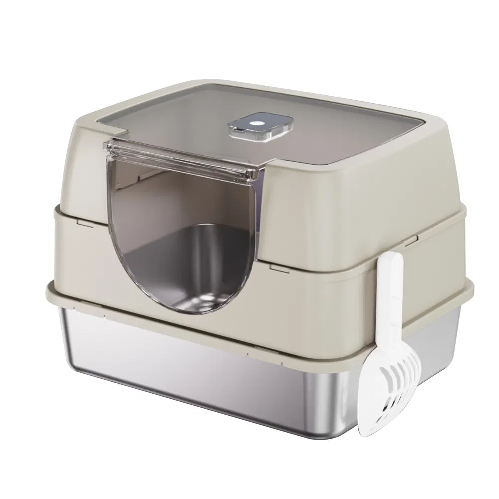Enclosed Stainless Steel Cat Litter Box Odor Lock No Scatter Easy Clean White