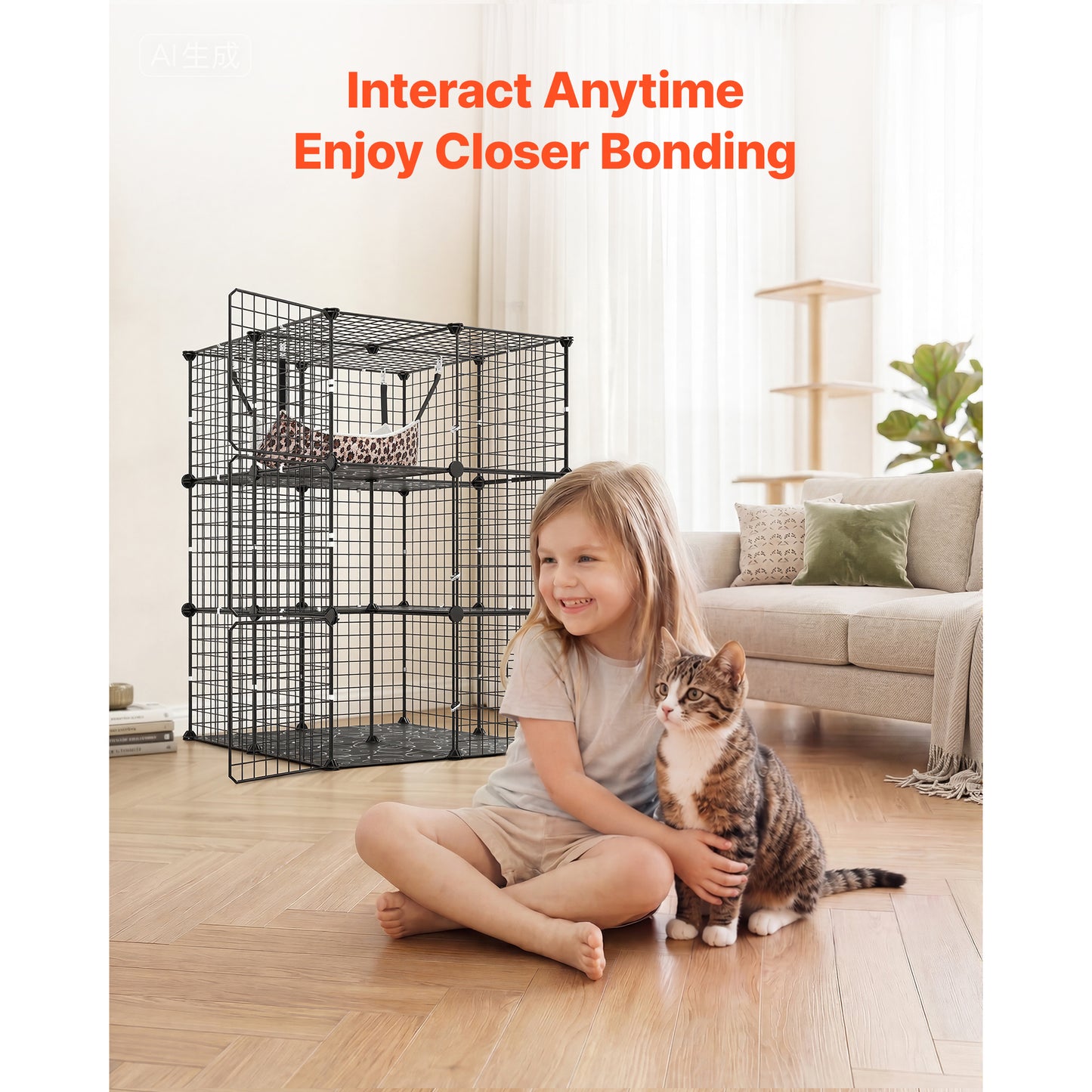 Large 3-Tier Indoor Cat Playpen with Hammock - Detachable Metal Wire Enclosure, Black
