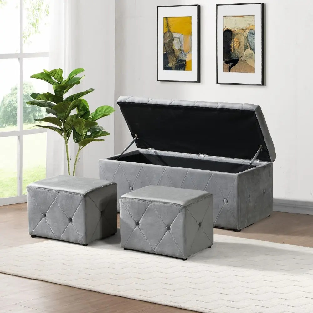 Rectangular Storage Ottoman with 2 Set Ottomans - Beige
