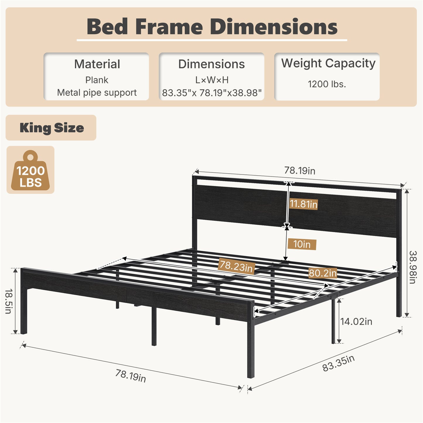 Heavy-Duty Metal Platform Bed with Wooden Headboard and Storage
