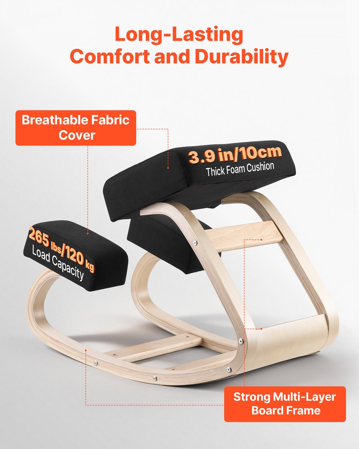 Ergonomic Kneeling Chair with Wooden Frame and Thick Foam Cushions - Adjustable Height for Posture Relief