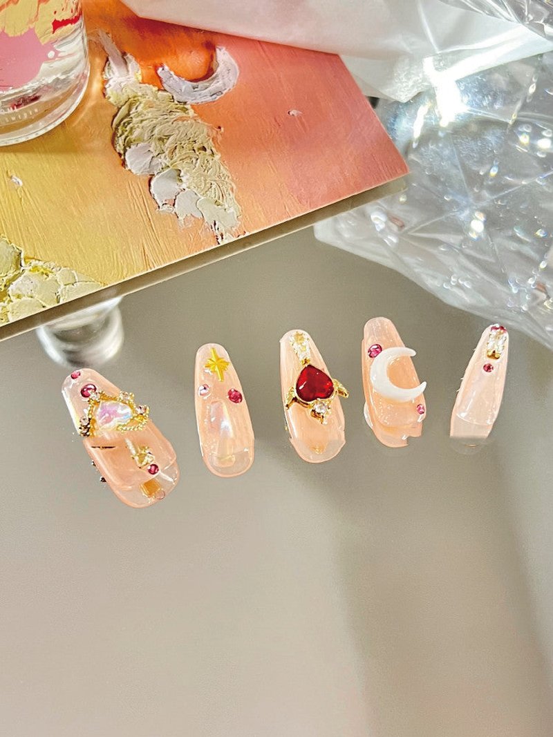 Fantasy Moon Sceptre Wearable Nails - Orange Pink