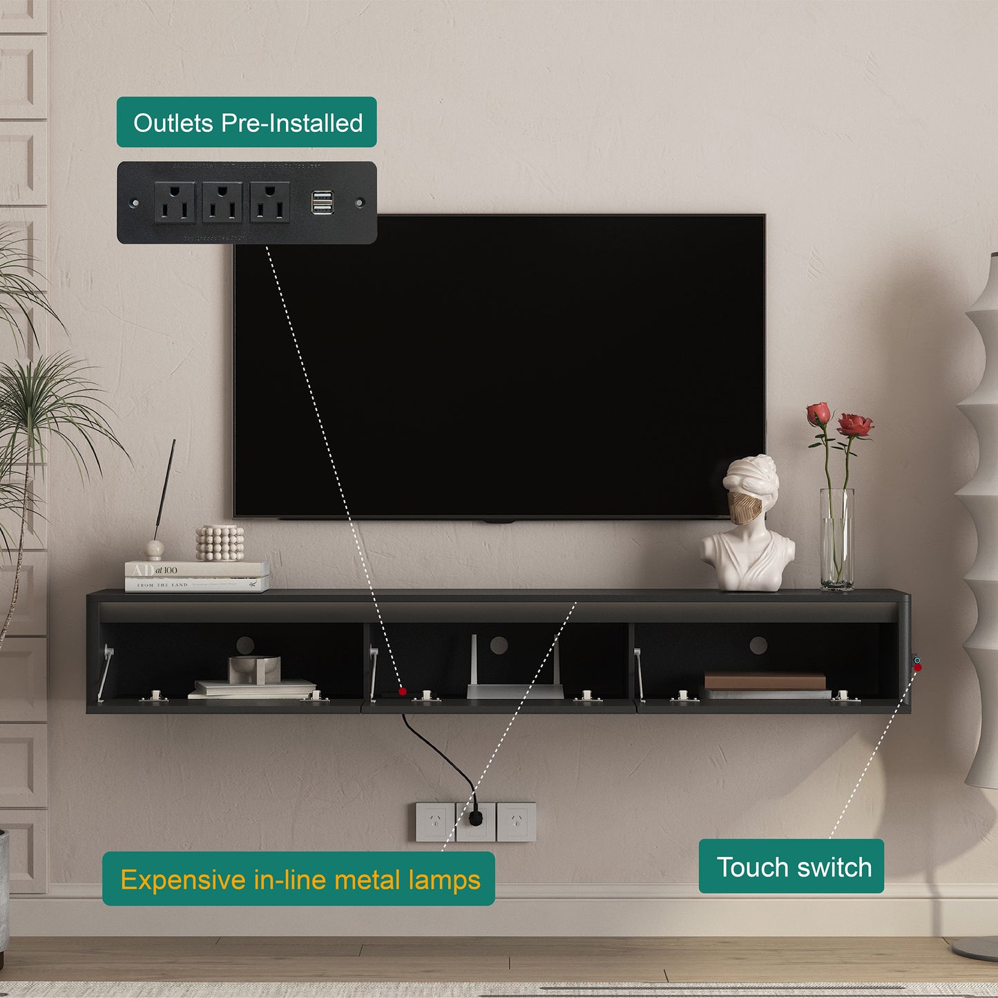 Wall Mounted Floating TV Stand with LED Lights & Power Outlet - Black
