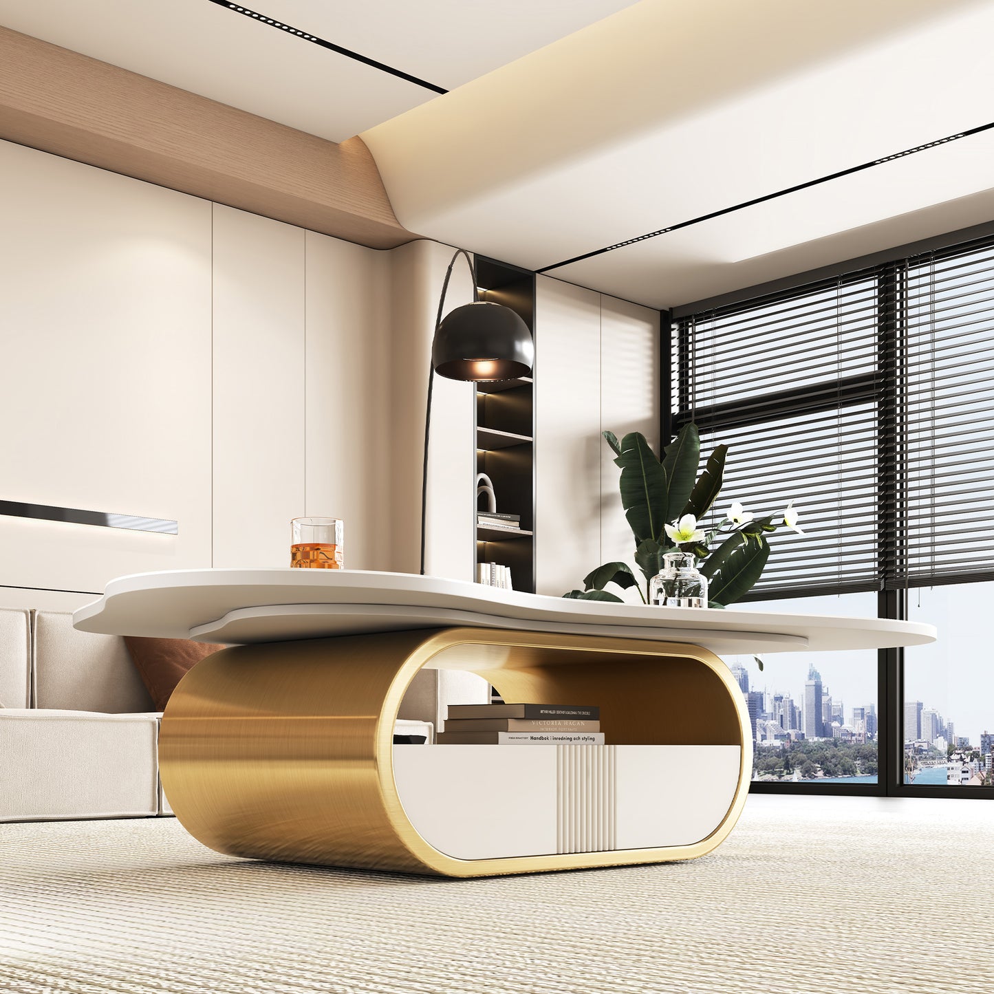 Modern Butterfly Coffee Table with Sintered Stone Top - Gold & White