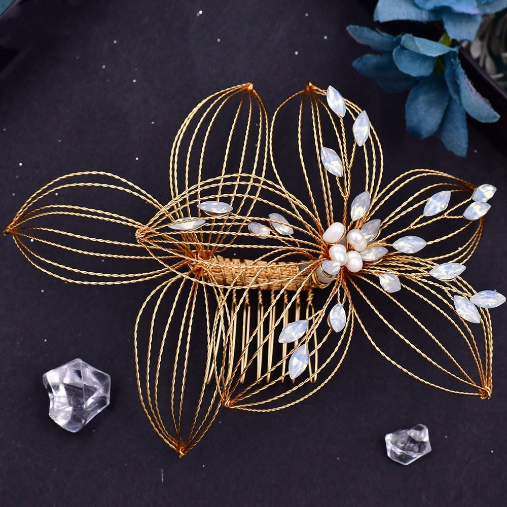 Bridal Headdress Hair Comb with Hollow Leaf Design