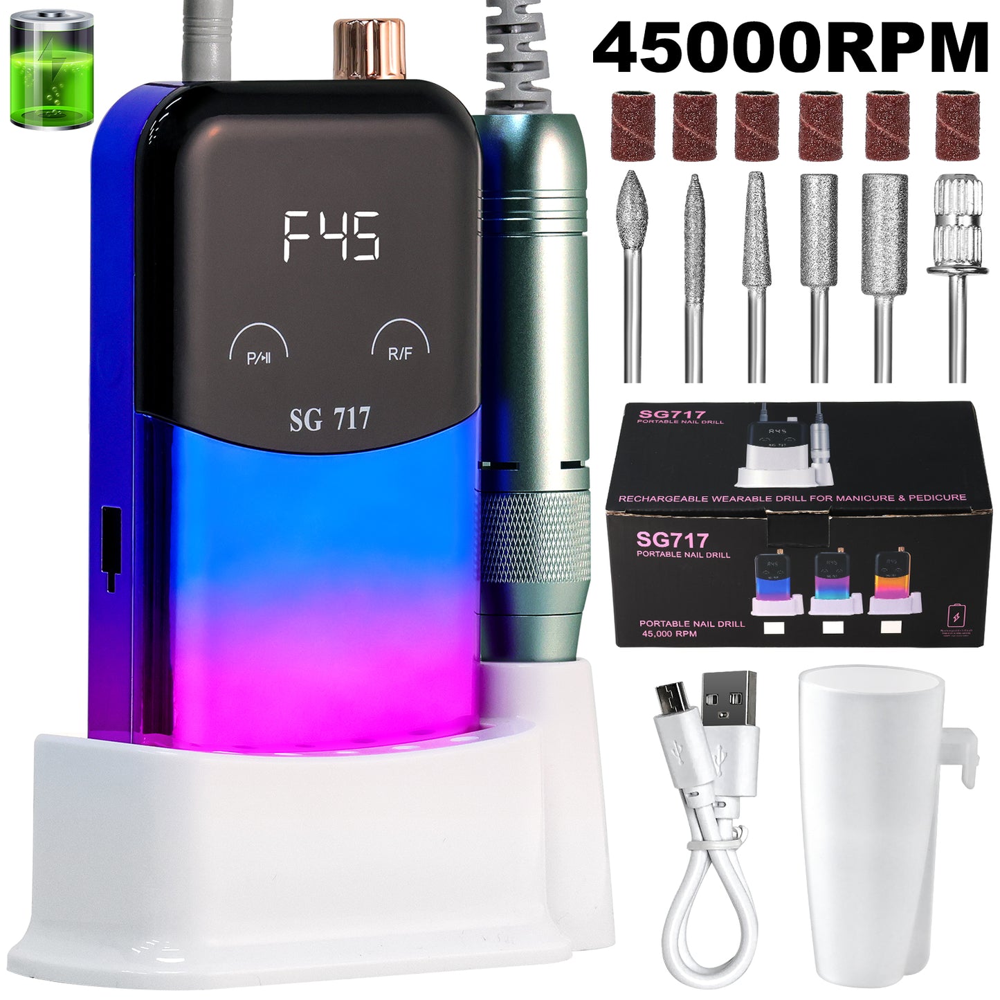 Professional 45000RPM Electric Nail Drill Kit - Rechargeable Portable E-File