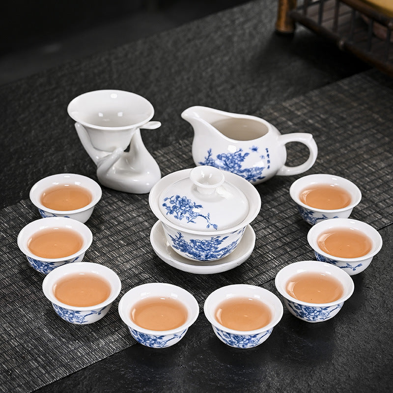 Porcelain Chinese Style Tea Set with Tea Tray - White Ceramic Tableware
