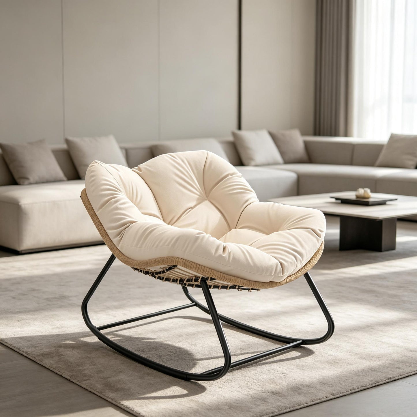 Oversized Rocking Egg Chair with Cushion - Cream White