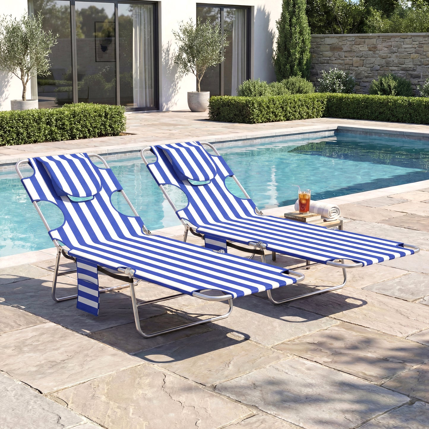 Adjustable Folding Chaise Lounge Chairs - Set of 2, Blue Stripe