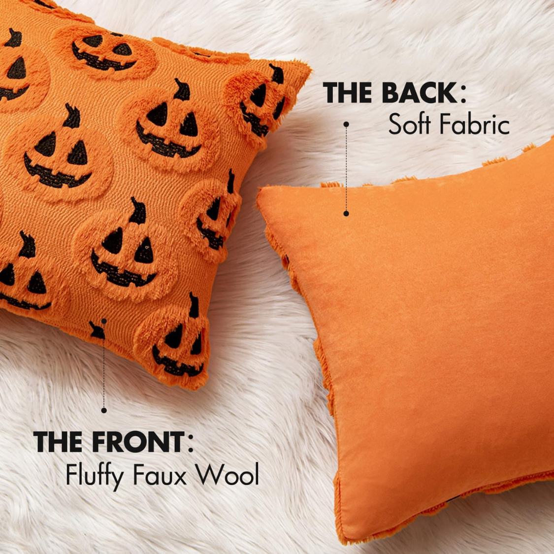 Halloween Pumpkin Throw Pillow Covers - 18x18 Orange & Black Plush