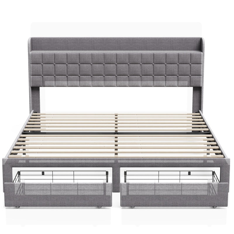 Full Size Upholstered Bed Frame with 2 Storage Drawers - Beige