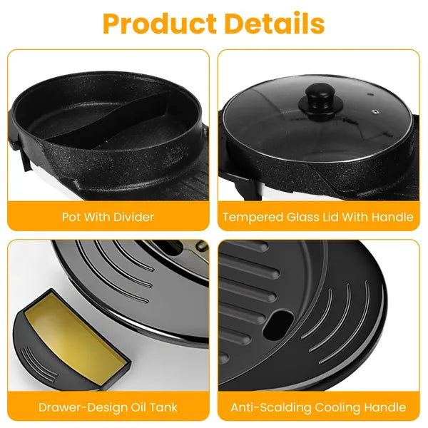 Electric Hot Pot with BBQ Grill 2200W Smokeless Non-Stick Cooker for Family