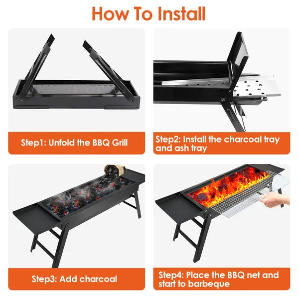 Portable Charcoal BBQ Grill with Shelf - Stainless Steel, Easy Setup