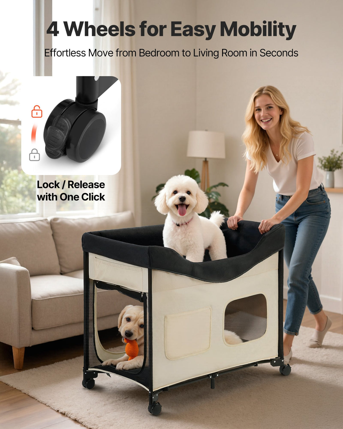 Elevated Foldable Dog Bed with Wheels & Side Storage - Beige