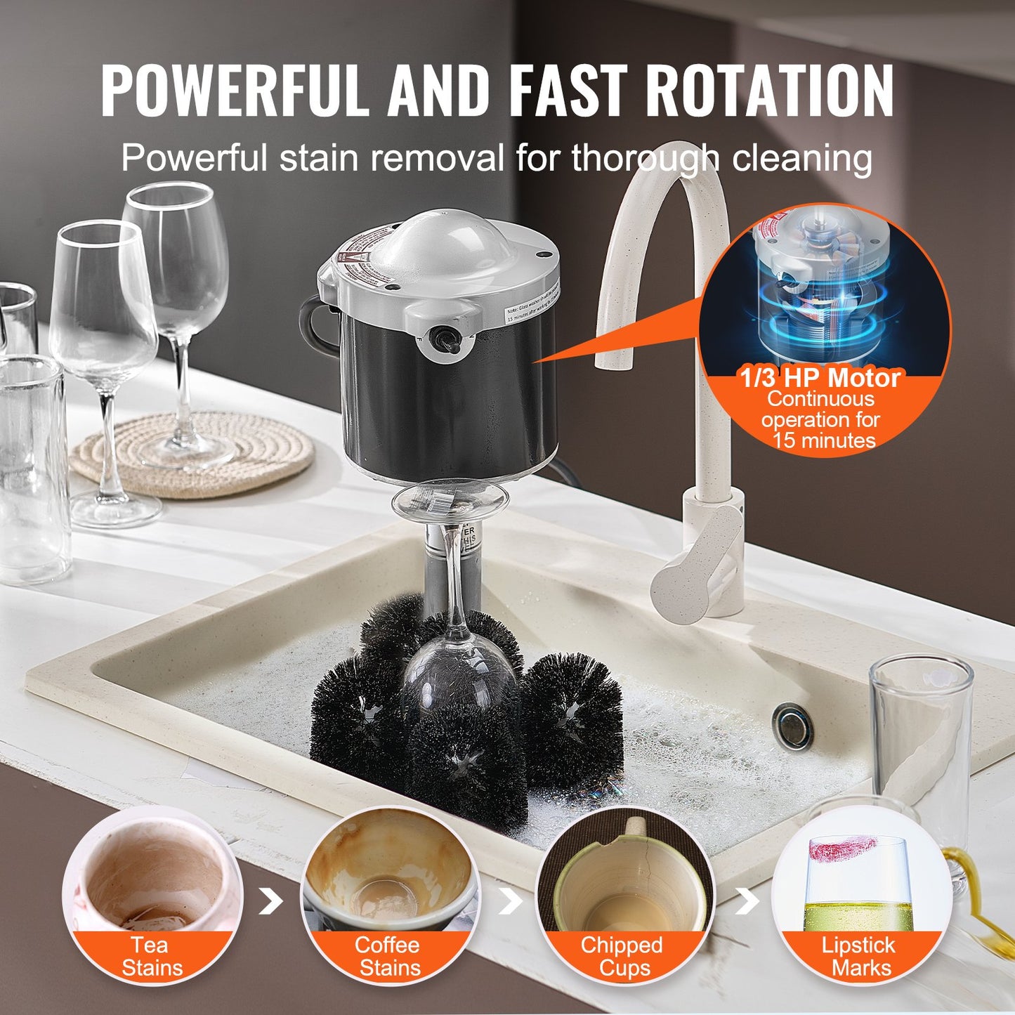 Electric Glass Washer 600 Cups/H 5-Brush Bar Glass Cleaner for Wine & Crystal Glasses