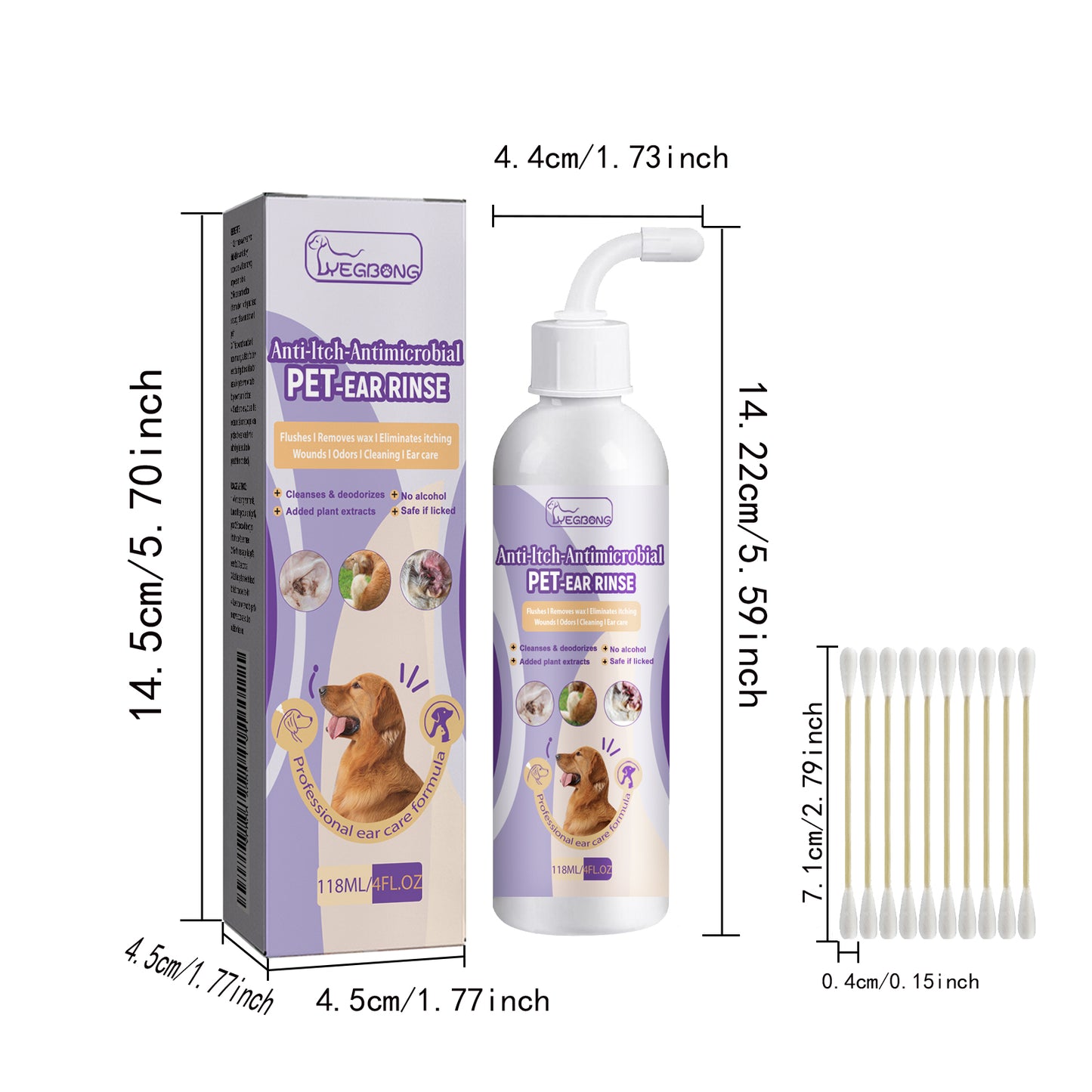 Pet Ear Rinse Cleaner 118ml with Cotton Swabs, Gentle Antimicrobial Ear Wash for Dogs Cats