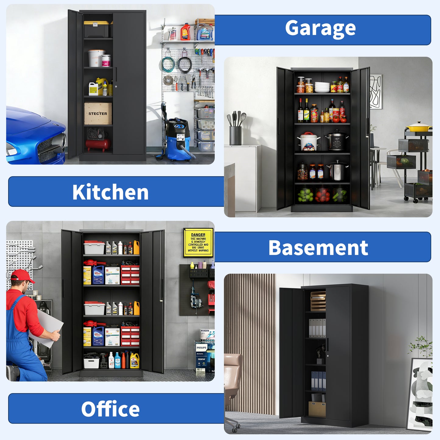 71H Metal Garage Storage Cabinet, Black Tool Steel Locking Cabinet