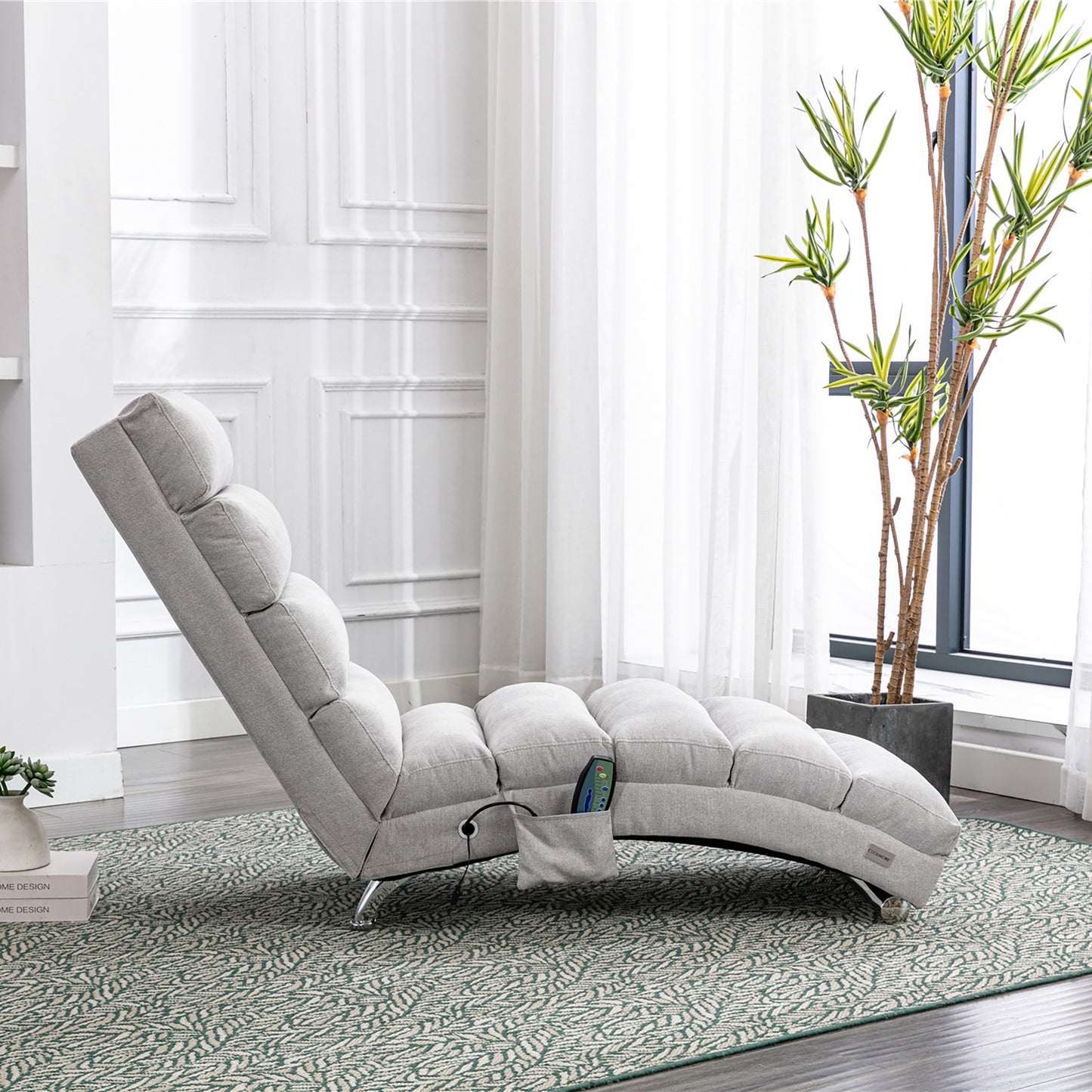 Luxury Upholstered Chaise Lounge Chair with Vibration - Light Grey