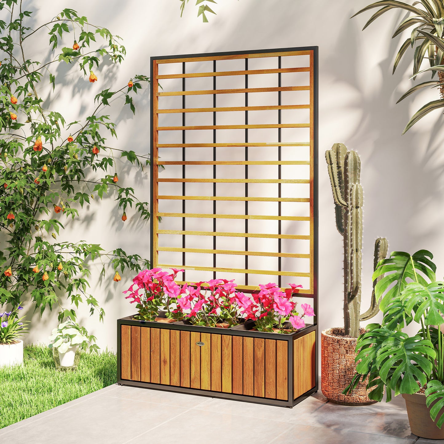 Wooden Raised Garden Bed with Trellis and Removable Pots - Teak, 29x11x52 Inches