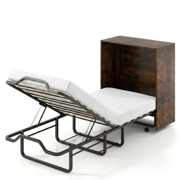Rustic Brown Murphy Bed Cabinet with Lockable Wheels & Mattress