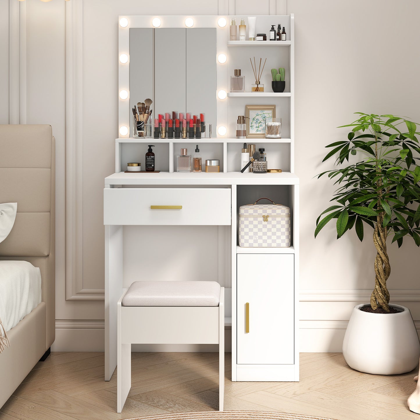 Vanity Desk With Mirror Makeup 10 Dimmable Bulbs Drawers Cabinet