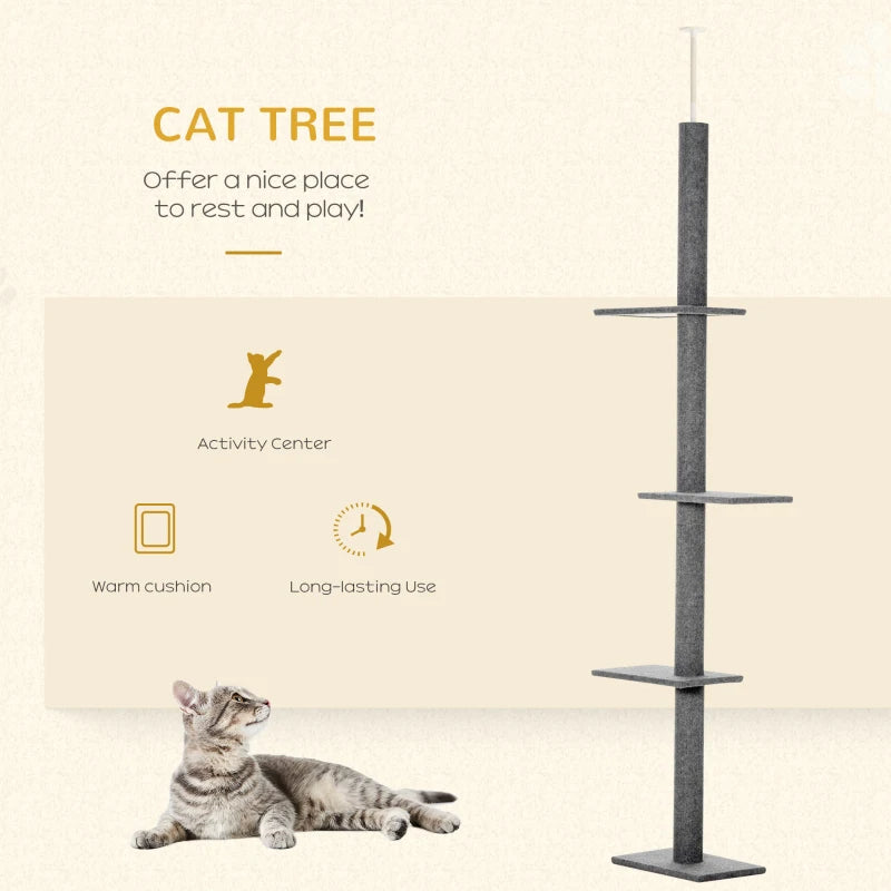 Adjustable Floor-to-Ceiling Cat Tree Tower with Sisal Posts - Grey, 8.5 Feet