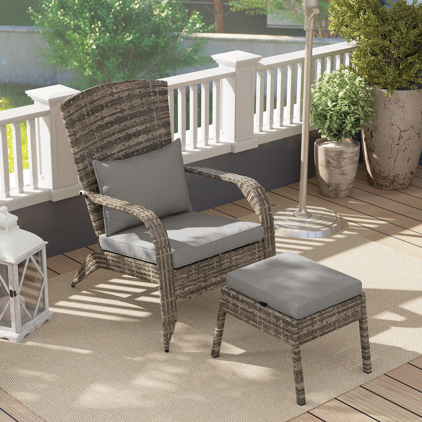 Wicker Adirondack Chair with Ottoman & Cushions - Gray