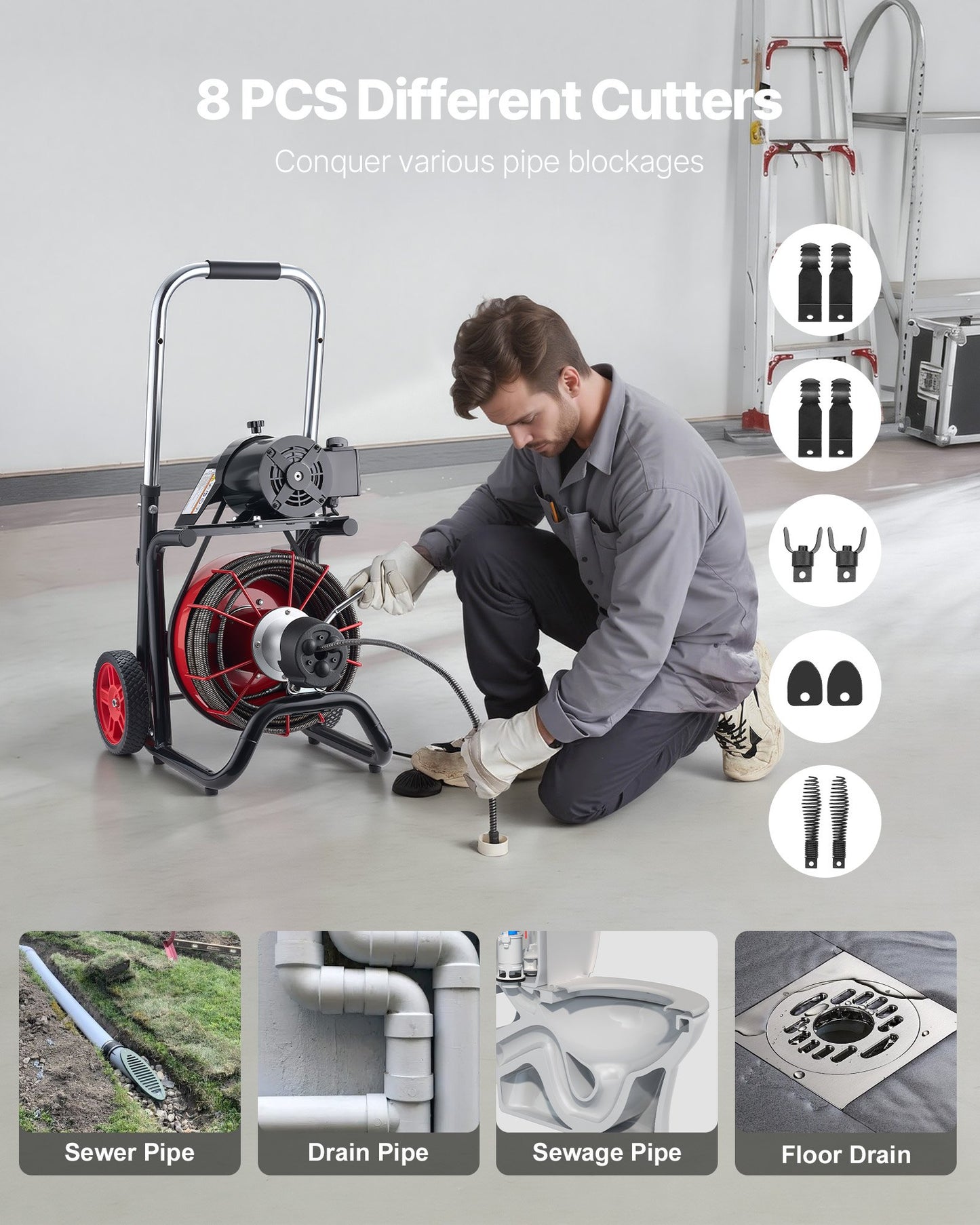 Drain Cleaner Machine 100 FT Steel Cable with Auto Feed & Foot Switch - Fits 2-6 Inch Pipes