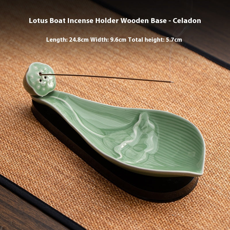 Ceramic Lotus Boat Incense Holder with Wooden Base - Zen Home Fragrance Decor