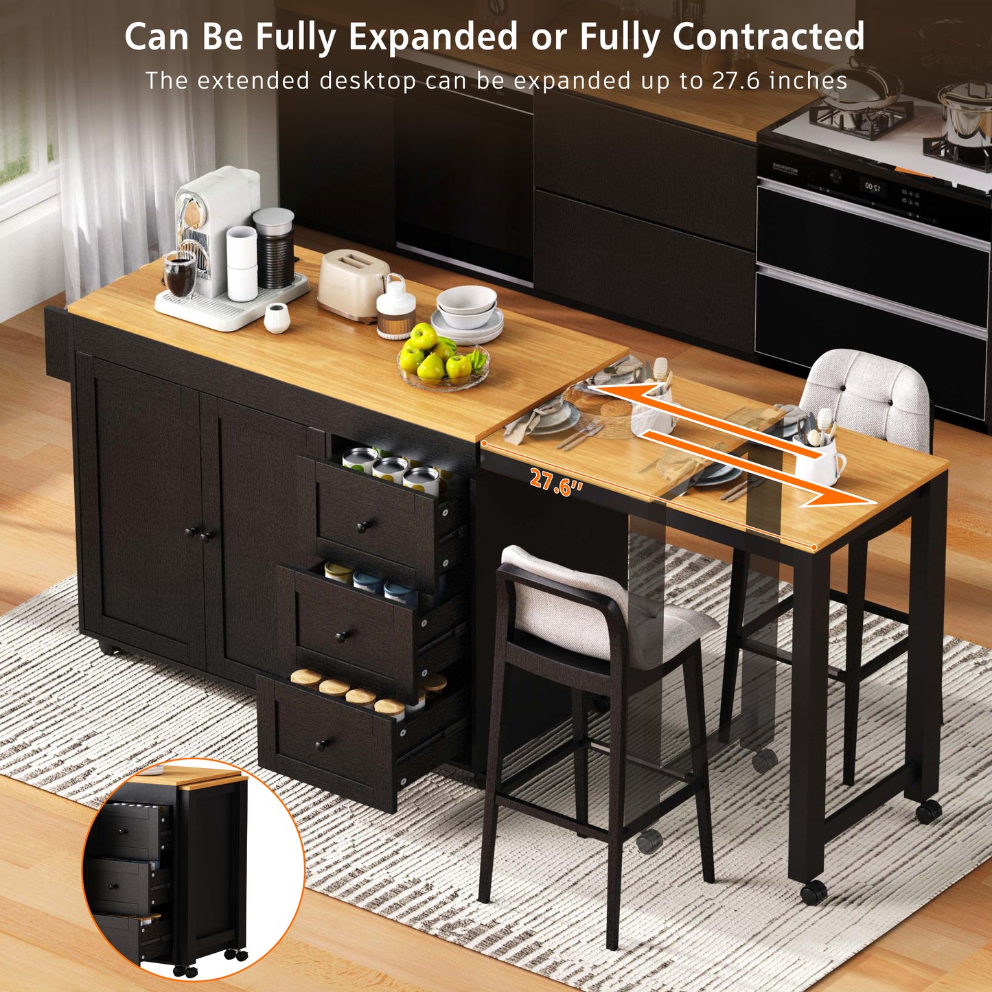 K&K 74.8 Kitchen Island With Extendable Dining Table, Storage Cart 3