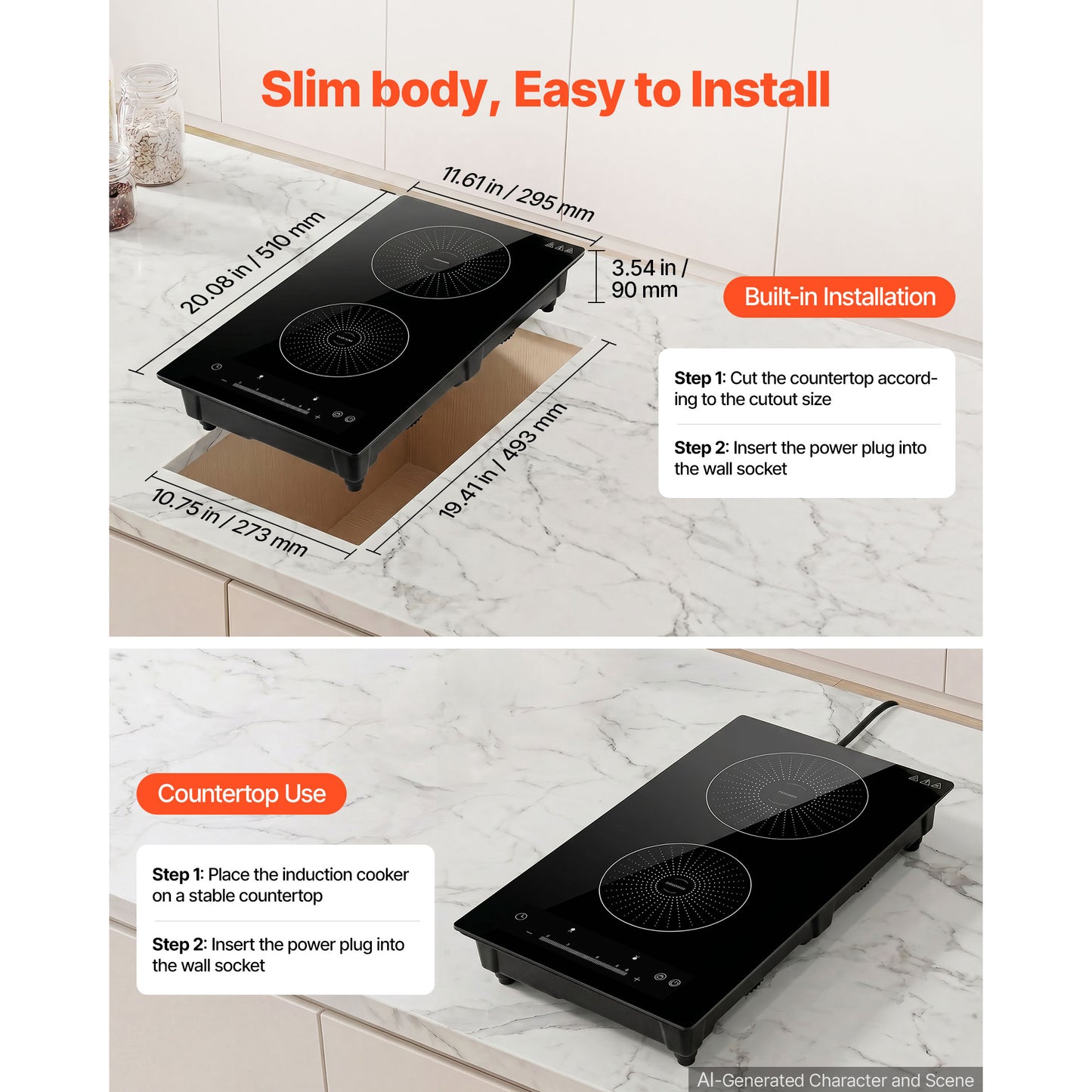 12-Inch Electric Induction Cooktop with 2 Burners, Touch Screen, 9 Power Levels, Ceramic Glass