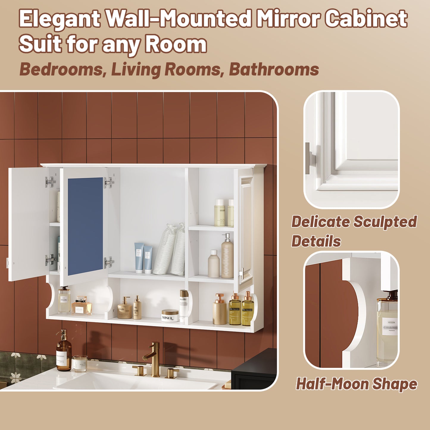 41 Inch Mirror Medicine Cabinet With Open Shelves, Wall Mounted Home
