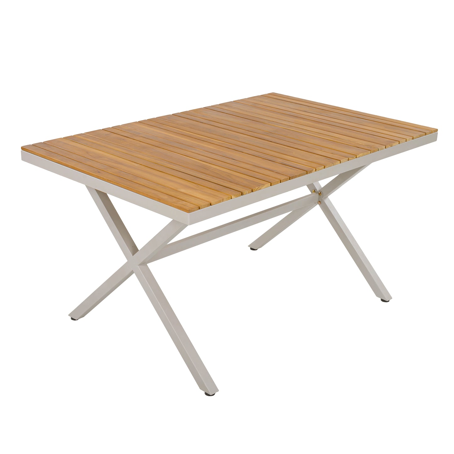 Teak Wood Top With Beige Steel Frame Outdoor Dining Table, 55.12