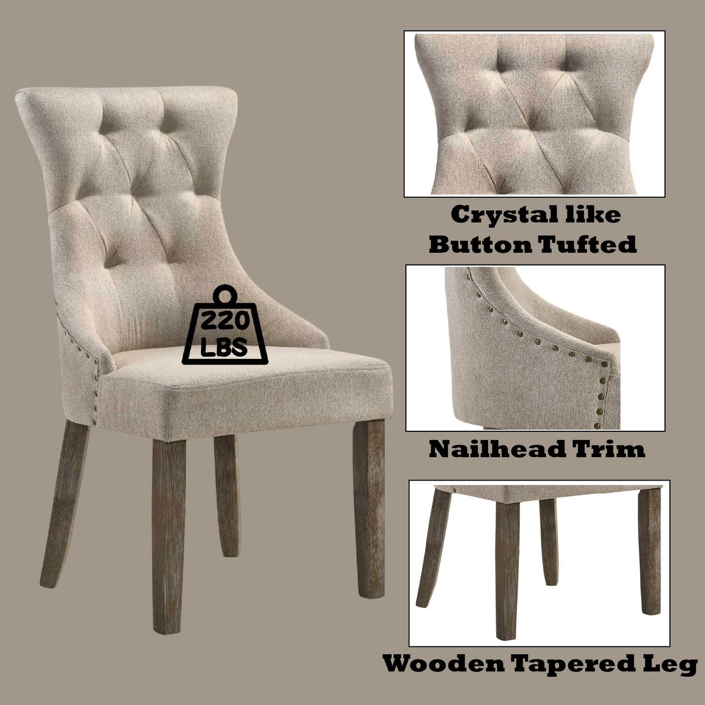 Two-Tone Beige Fabric Side Chair Set of 2 - Gray Finish