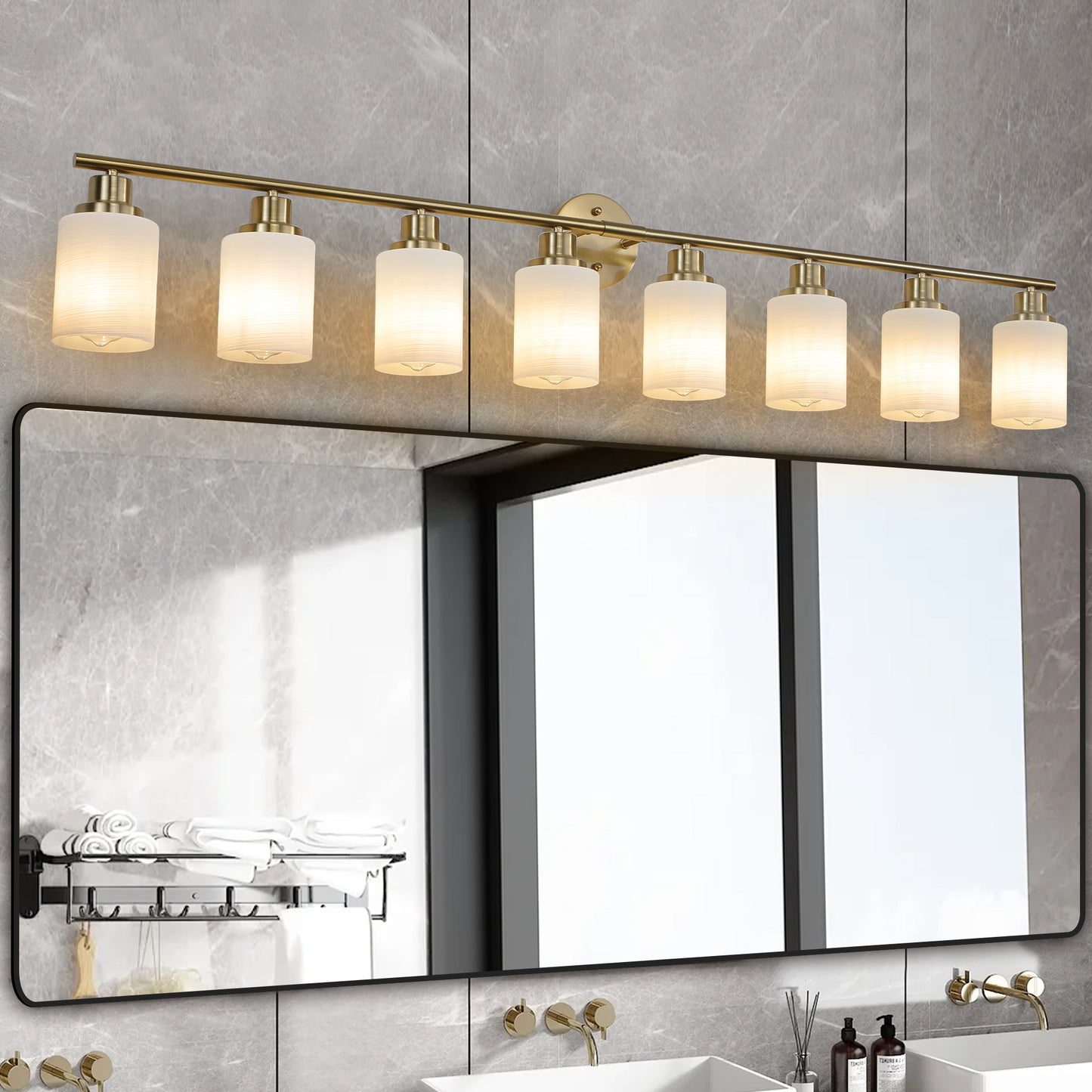 Modern 8-Light Wall Sconce - Golden Finish with Frosted Glass Shades