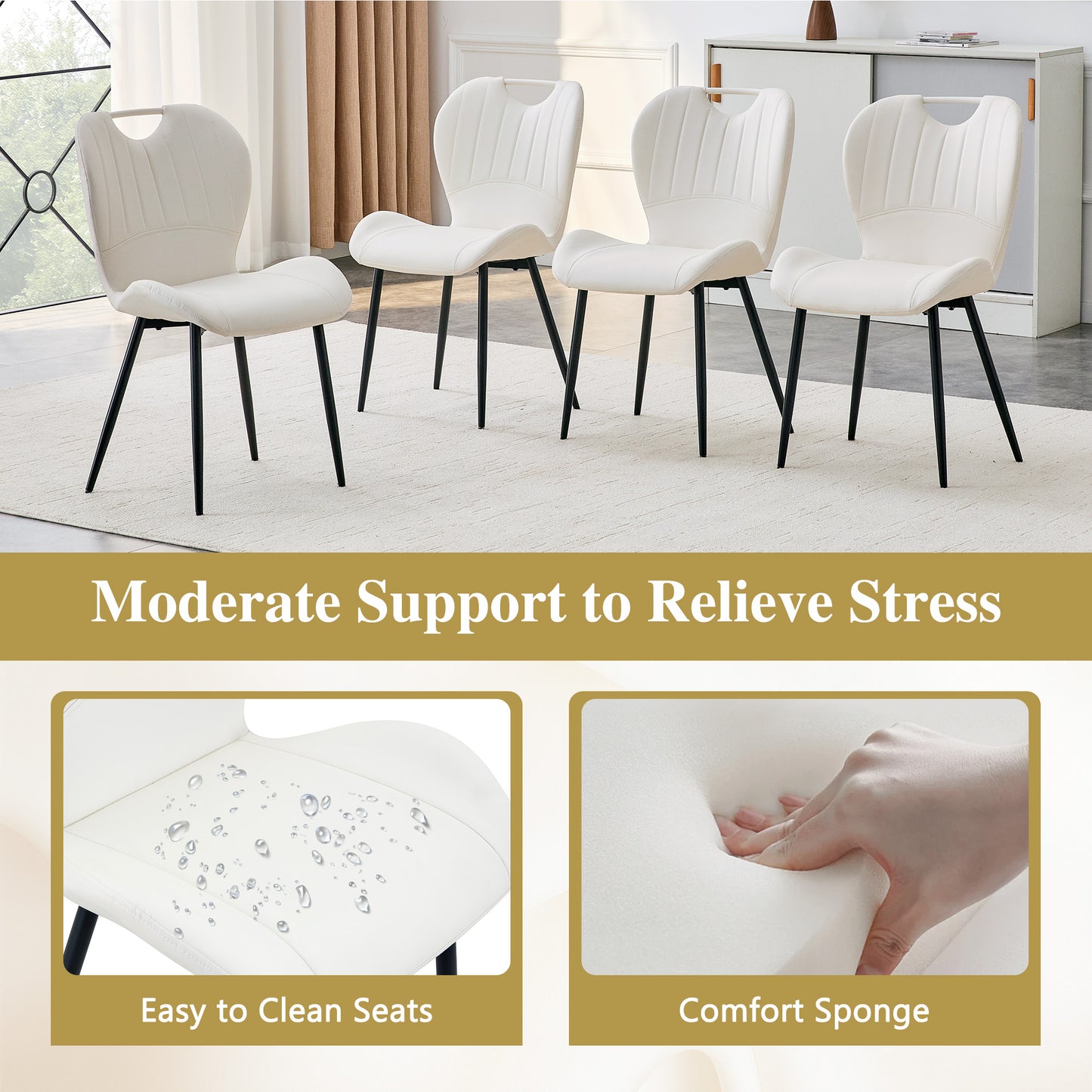 Set Of 4 White PU Dining Chairs With Integrated Handle. Black Metal