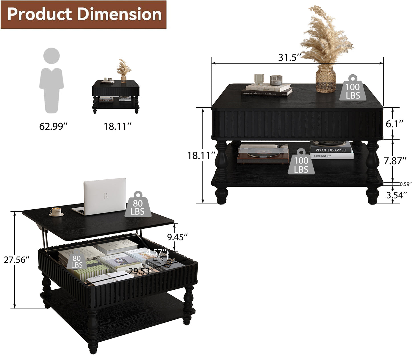 Lift-Top Coffee Table with Hidden Storage - Square Black