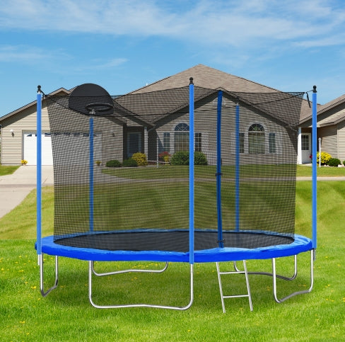 12FT Trampoline with Basketball Hoop - Blue, Outdoor Safety Net