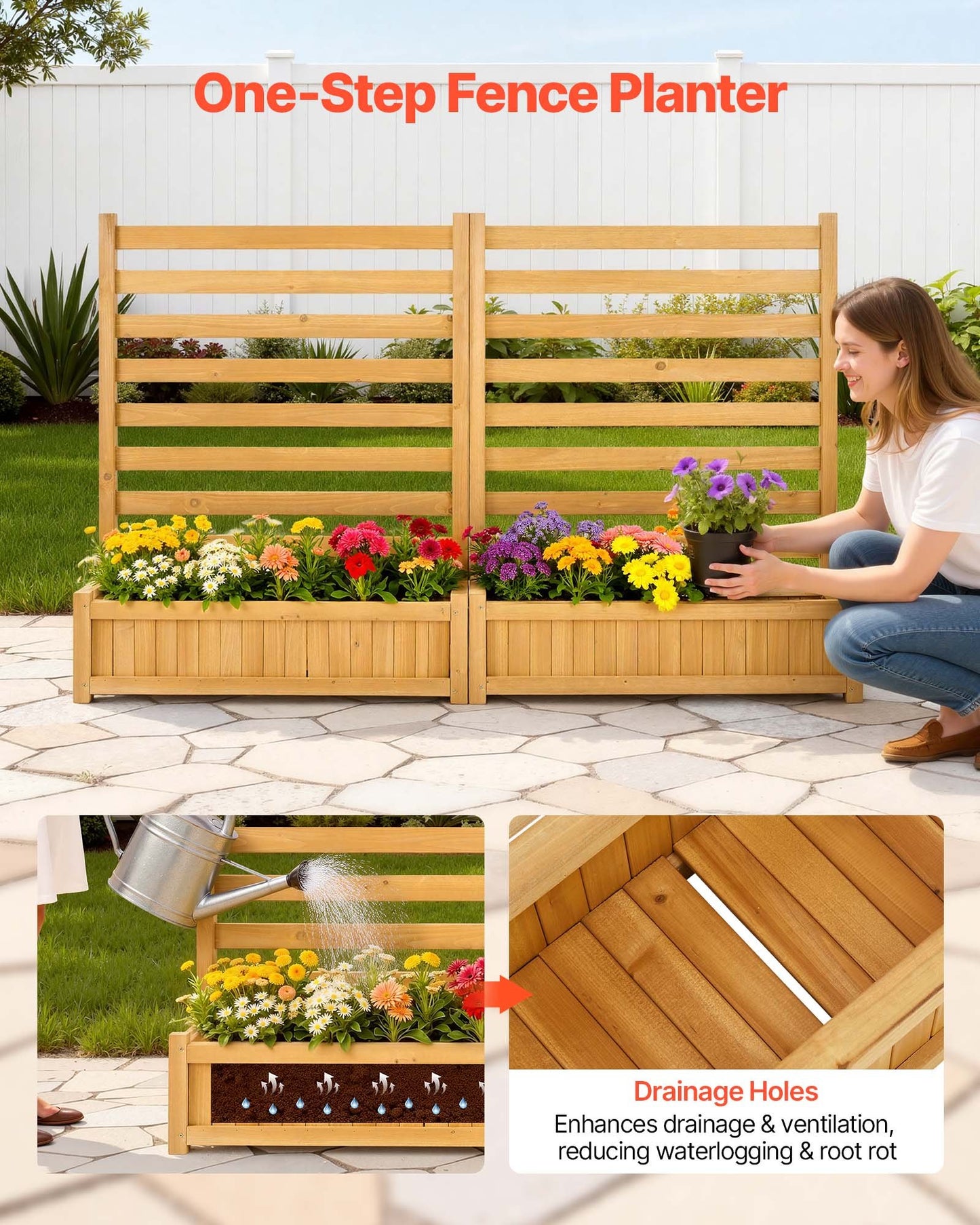 Wooden Privacy Fence Panel with Planters for Garden and Pool - 36x45 Inch Black