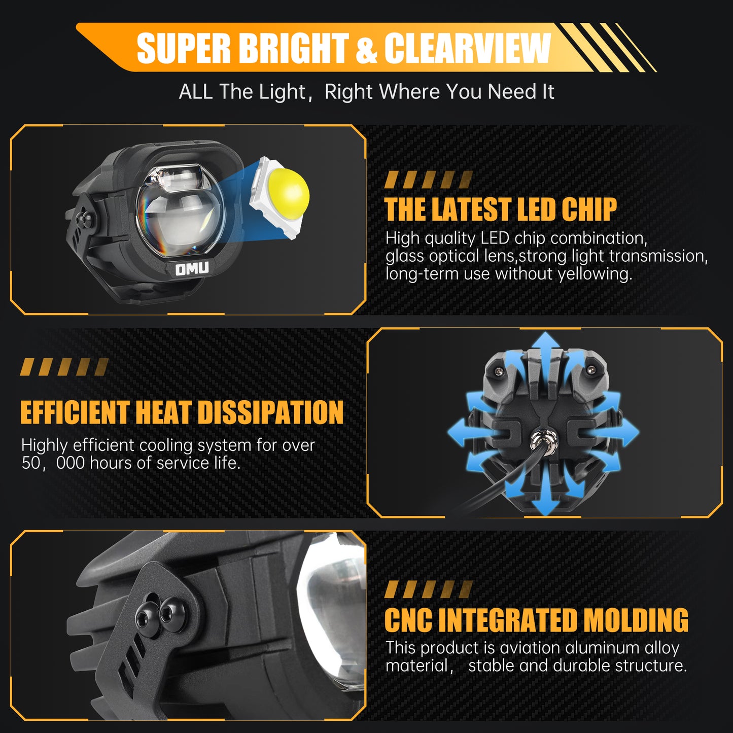 High Low Beam Switchable A-Pillar Spotlight - Yellow, Black